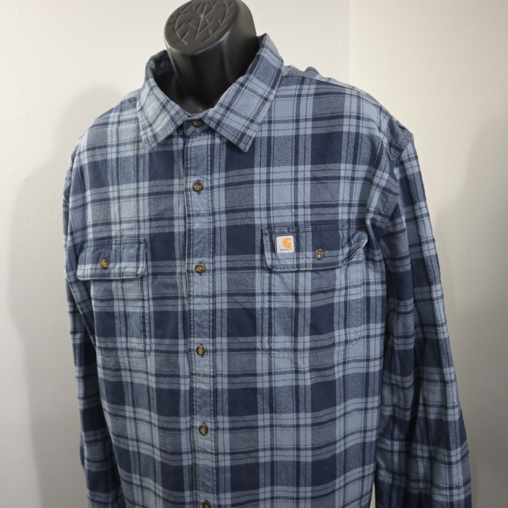 Carhartt Heavy Flannel Button Up Shirt Mens 3XL Original Fit Blue Plaid Pocket
